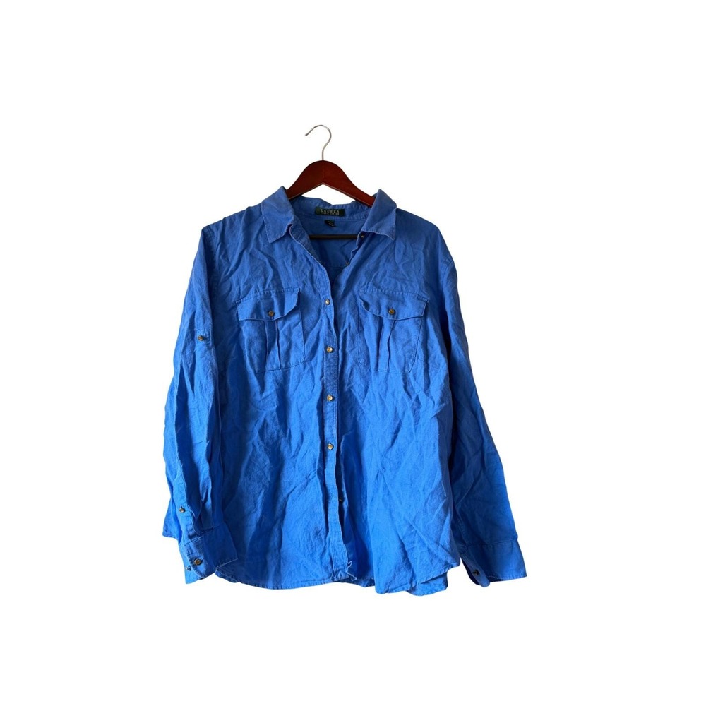 Lauren Ralph Lauren Blue 100% Linen Roll Tab Utility Shirt Women 2X Cobalt